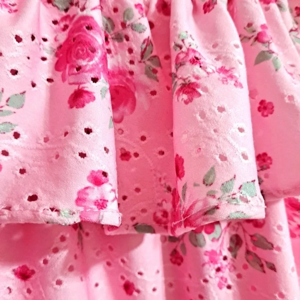Girls Pink Ruched Tiered Sundress Off-Shoulder Eyelet Built In Slip EUC